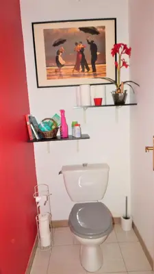 a bathroom with a toilet and shelves on the wall at La Maison de Fafa in Carcassonne