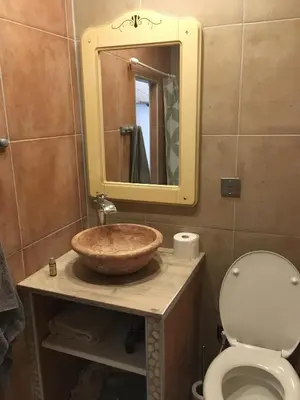 a bathroom with a sink and a toilet and a mirror at CHARMANT STUDIO in Capestang