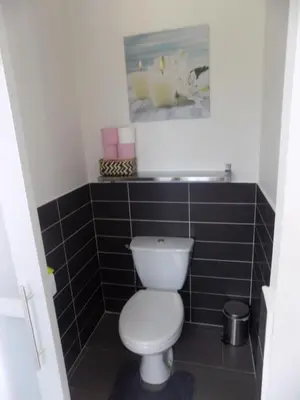 a bathroom with a white toilet and black tiles at Villa VAYA in Villemoustaussou