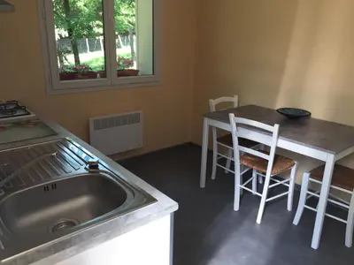 a kitchen with a sink and a table with chairs at la fenass in Noailhac