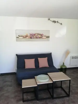 a living room with a blue couch with pink pillows at la fenass in Noailhac