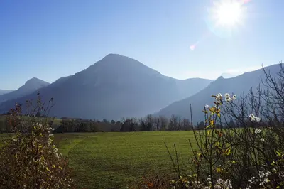 a green field with a mountain in the background at La petite maison dans la prairie in Cassaignes