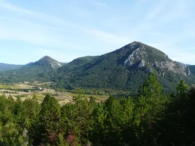 a group of mountains with trees in the foreground at La petite maison dans la prairie in Cassaignes