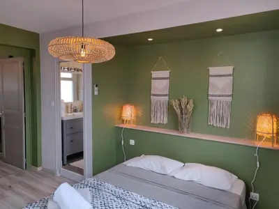 a bedroom with a bed and a green wall at Appartement L'Oliveraie - La Cité plein les yeux in Carcassonne