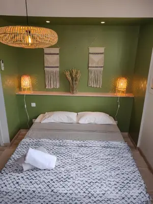 a bedroom with a large bed with two lamps at Appartement L'Oliveraie - La Cité plein les yeux in Carcassonne