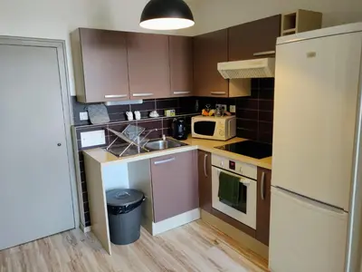 a small kitchen with a sink and a refrigerator at Appartement L'Oliveraie - La Cité plein les yeux in Carcassonne
