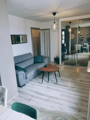 a living room with a couch and a table at Appartement L'Oliveraie - La Cité plein les yeux in Carcassonne
