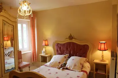 a bedroom with a bed and a large mirror at Au Coeur de Rennes Chambres d'hôtes in Rennes-les-Bains