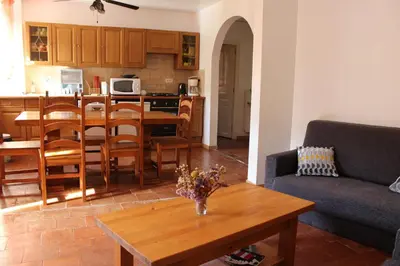 a kitchen and living room with a table and a couch at Au Coeur de Rennes Gîte in Rennes-les-Bains