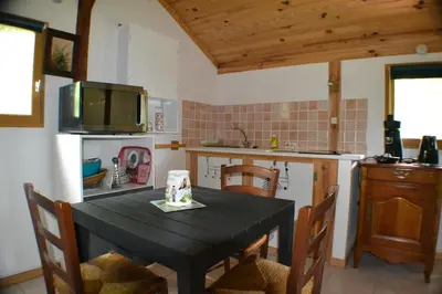 a kitchen with a black table with chairs and a television at Les Divines Cascades in Roquefort-les-Cascades