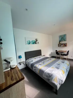 a bedroom with a bed and a table in it at Chambre d'hôte in Cucugnan