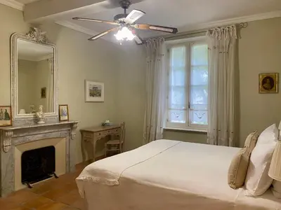 a bedroom with a bed and a fireplace and a ceiling fan at Sainte-Hélène Chambres d'Hôtes & Appartement in Olonzac