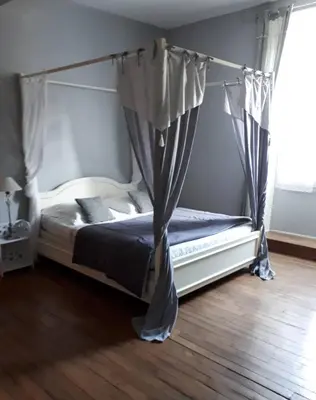 a bedroom with a canopy bed and a wooden floor at Aux Anges Gardiens in Carcassonne