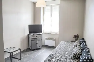 a bedroom with a bed and a tv and a window at Appartement spacieux à Carcassonne 48 m² avec parking in Carcassonne