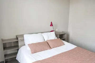 a bedroom with a white bed with a pink pillow at Appartement spacieux à Carcassonne 48 m² avec parking in Carcassonne