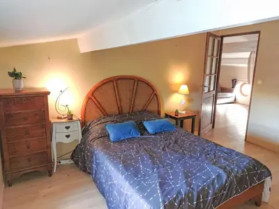 a bedroom with a large bed with two blue pillows at Holiday Home La Maison de l'Etang by Interhome in Gruissan