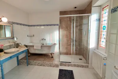 a bathroom with a tub and a shower and a sink at Domaine de Rasigous in Saint-Affrique-les-Montagnes
