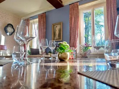 a group of wine glasses sitting on a table at Domaine de Rasigous in Saint-Affrique-les-Montagnes