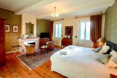 a bedroom with a large bed and a fireplace at Domaine de Rasigous in Saint-Affrique-les-Montagnes