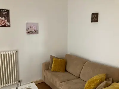 a living room with a couch and a radiator at Appart Aux deux Colombes avec Balcon et Garage in Pamiers