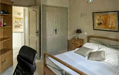 a bedroom with a bed and a black chair at Cozy Home In Puisserguier in Puisserguier