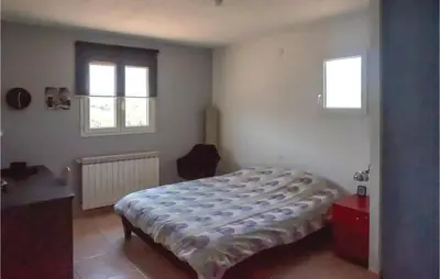 a bedroom with a bed and two windows at Beautiful Home In Prades-Sur-Vernazobre in Prades-sur-Vernazobre