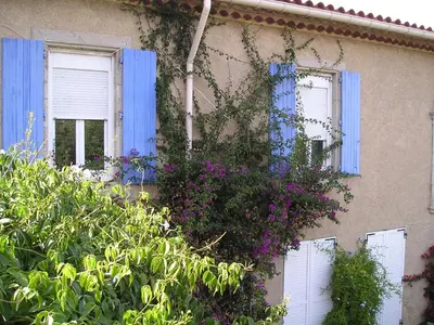 a building with blue shuttered windows and purple flowers at GITE MAMIE LAURENCE in Gruissan
