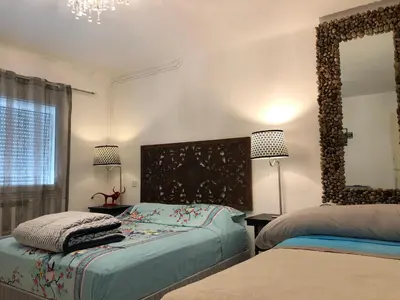 a bedroom with two beds and a mirror at Casa Del Castell in Carcassonne