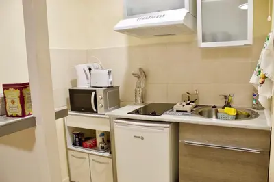 a small kitchen with a sink and a microwave at Appart Chrystal in Carcassonne