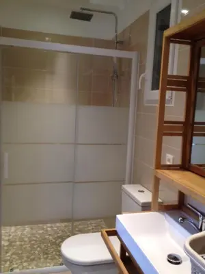 a bathroom with a shower and a toilet and a sink at Maisonnette El Puy in Molitg les Bains