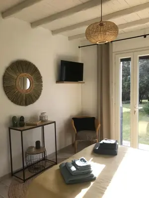 a room with a bed and a tv and a mirror at Chambre d'hôte à La maison du petit bois 4 étoiles in Ventenac-Cabardès