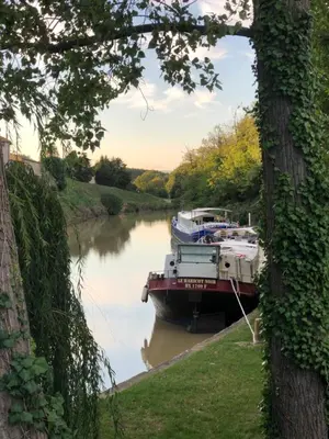 a boat is docked on a river at Le Petit Relais du Canal in Trèbes