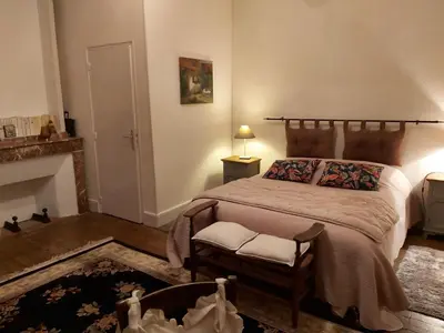 a bedroom with a bed and a chair and a fireplace at Burlats in Burlats