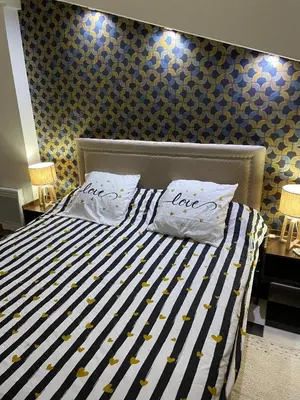 a bedroom with a bed with two pillows on it at gîtes Studio de tourisme du Domaine Piscine Spa Balnéo in Lescout