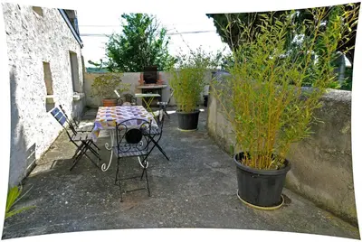 a patio with a table and chairs and potted plants at Le Moulin du Christ in Peyrefitte-sur-lʼHers