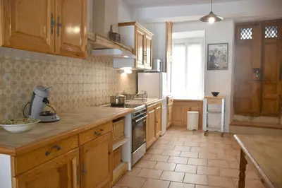 a kitchen with wooden cabinets and a white refrigerator at Chez Elia, pour les amoureux des vieilles pierres in Cesseras