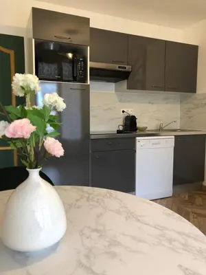 a kitchen with a white vase with flowers on a table at Les Palmiers de Gruissan, T2, Vue Port ! in Gruissan