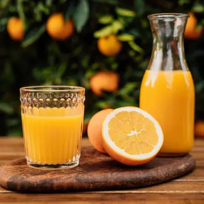 a glass of orange juice next to an orange cut in half at La Lagune in Bages