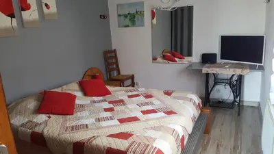 a bedroom with a bed with red pillows on it at Gîte indépendant in Caux-et-Sauzens