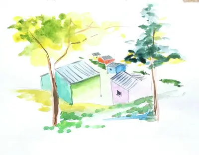 a watercolor painting of a house and two trees at Les Cabanes d'Hestia in La Salvetat
