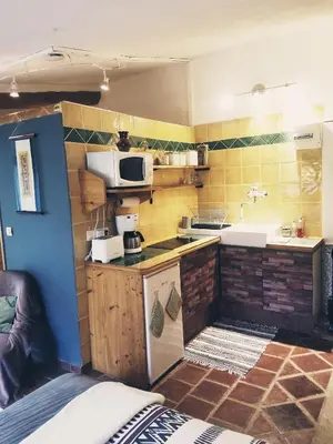 a small kitchen with a sink and a microwave at Petit Gîte TARA avec SPA - Ariege Pyrénées in Péreille