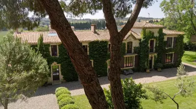 an aerial view of a house with ivy at Domaine de la JASSO, Demeure de grand luxe au pied de la Cité de Carcassonne, piscines et parc animalier in Carcassonne
