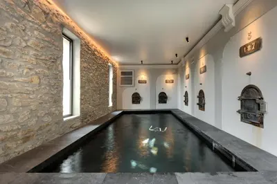 an indoor pool in a room with a stone wall at Domaine de la JASSO, Demeure de grand luxe au pied de la Cité de Carcassonne, piscines et parc animalier in Carcassonne