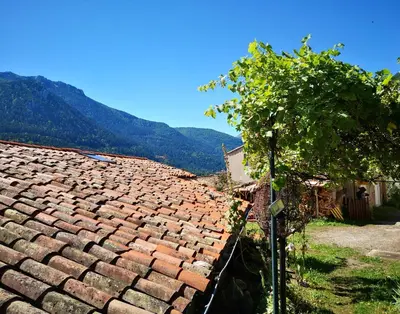 a brick roof of a house with a tree at la maison sous le château in Montségur