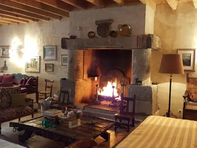 a living room with a large fireplace in a room at Domaine de Las Planques in Vaudreuille