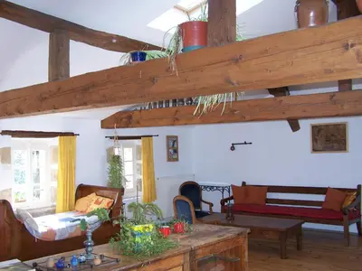 a living room with wooden ceilings and wooden tables at Domaine de Las Planques in Vaudreuille