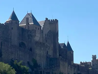 a large castle sitting on top of a hill at Au pied de la Cité Médiévale, piscine, vue extraordinaire, gîte La Trivala à Carcassonne in Carcassonne