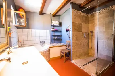 a bathroom with a shower and a sink at Camin del Bosc in Roquefort-des-Corbières