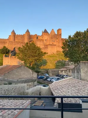 a view of a castle from the roof of a building at La terrasse de La Tour Pinte. in Carcassonne