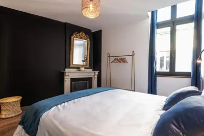 a bedroom with a bed with a mirror and a fireplace at La terrasse de La Tour Pinte. in Carcassonne